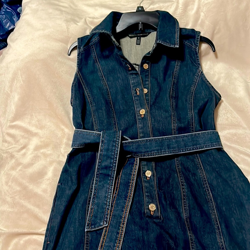 White House Black Market sleeveless denim midi dress with belt